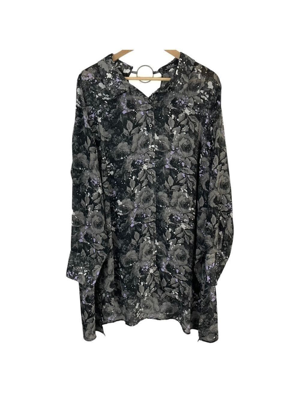MBLM Longline Tunic Blouse Women’s 2X Grey Purple Button Up Shirt Floral EUC